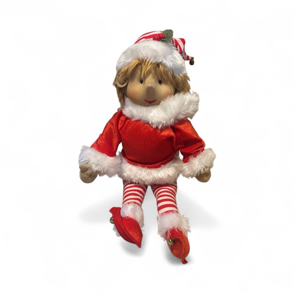 Festive Red Elf Christmas Doll with Striped Legs Posable in excellent condition